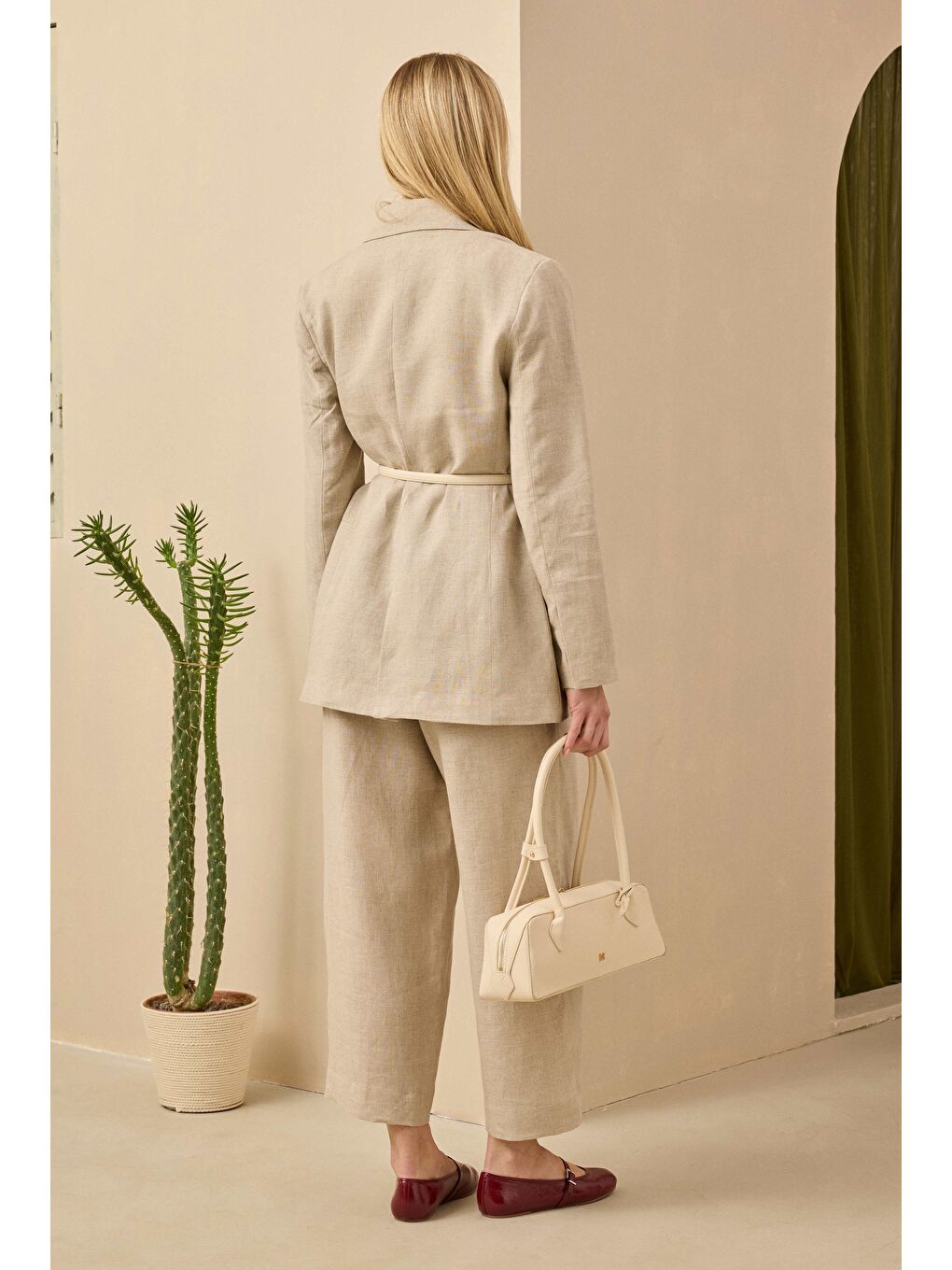 Bej Keten Belden Oturtmalı Ceket Sedef-2