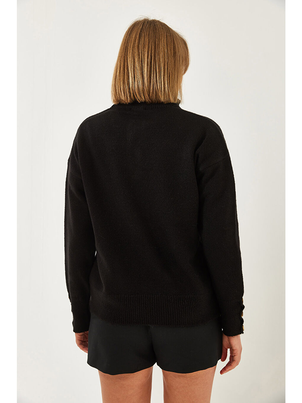 Siyah Kadın Kolu Patlı Triko Kazak-6