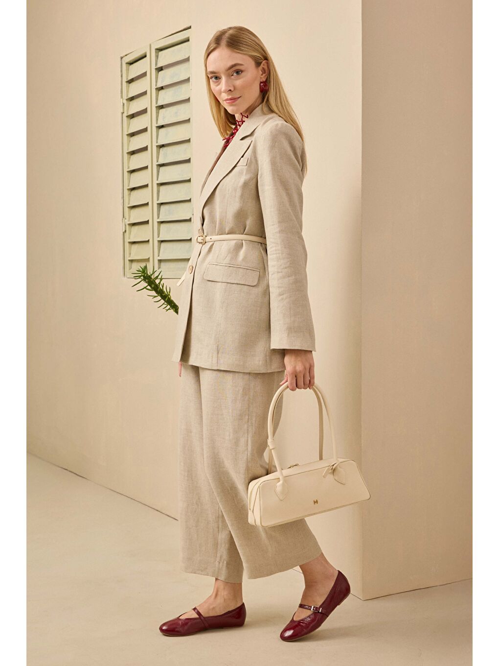 Bej Keten Belden Oturtmalı Ceket Sedef-4