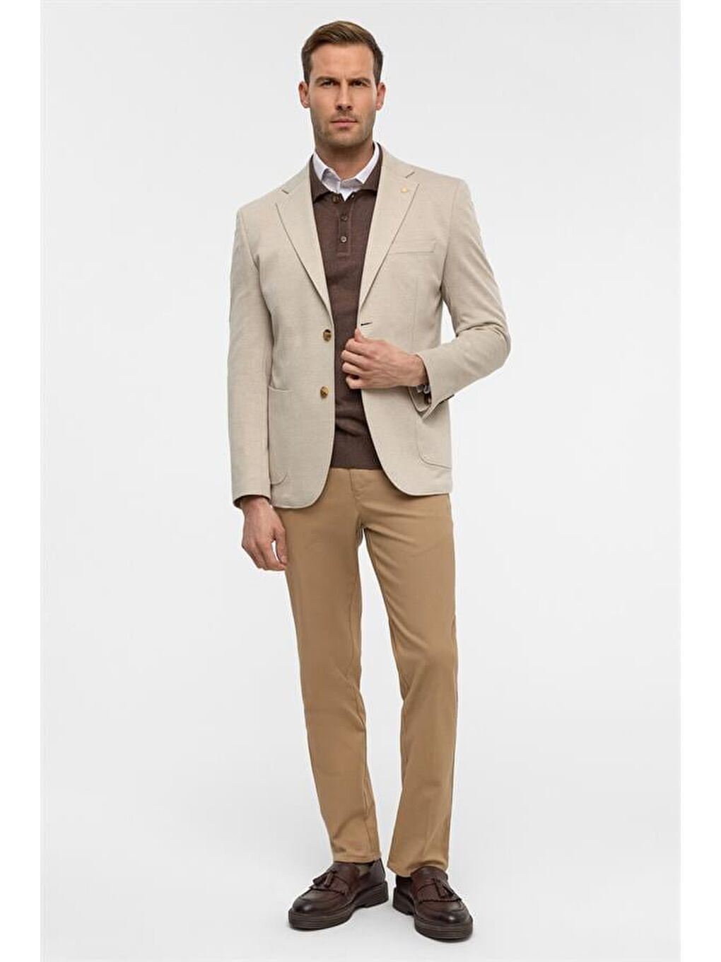 Bej Slim Desenli Mono Yaka 6 Drop Ceket-6