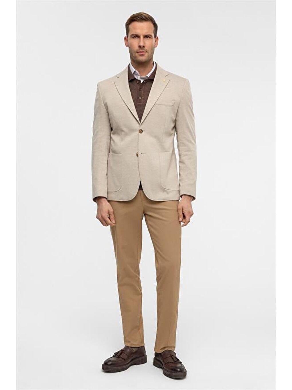 Bej Slim Desenli Mono Yaka 6 Drop Ceket-7