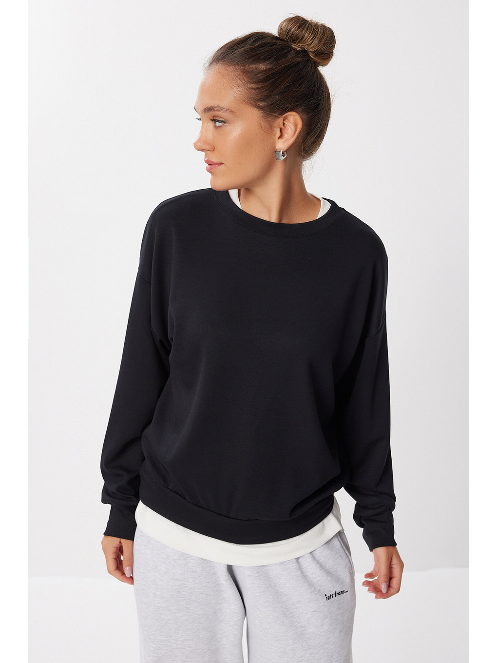 Basic Mevsimlik Modal Sweatshirt Siyah Len0026-1