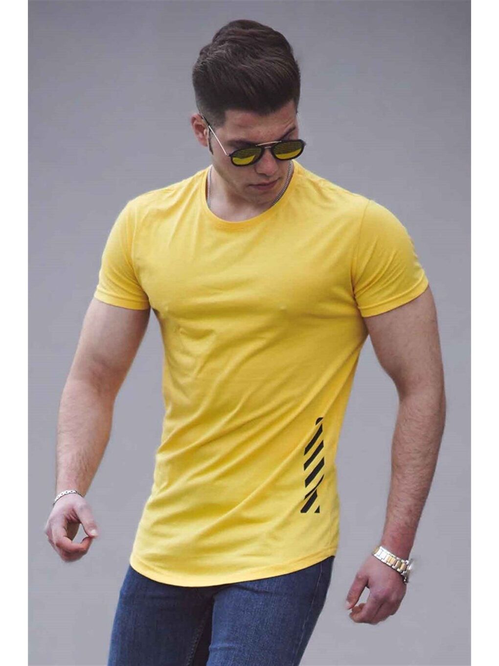Baskılı Sarı Erkek %100 Pamuk Tişört 3023