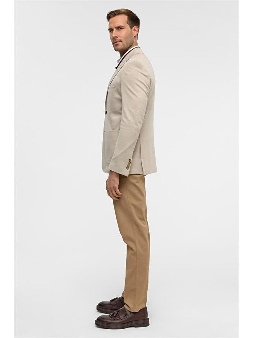 Bej Slim Desenli Mono Yaka 6 Drop Ceket-9