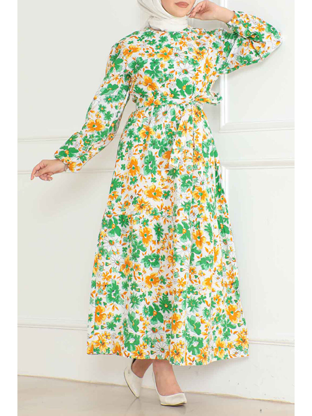 Yeşil Desenli Kolu Büzgülü Elbise Yesil - 26619