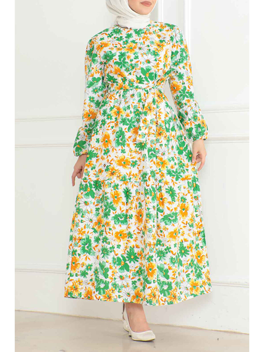 Yeşil Desenli Kolu Büzgülü Elbise Yesil - 26619-1
