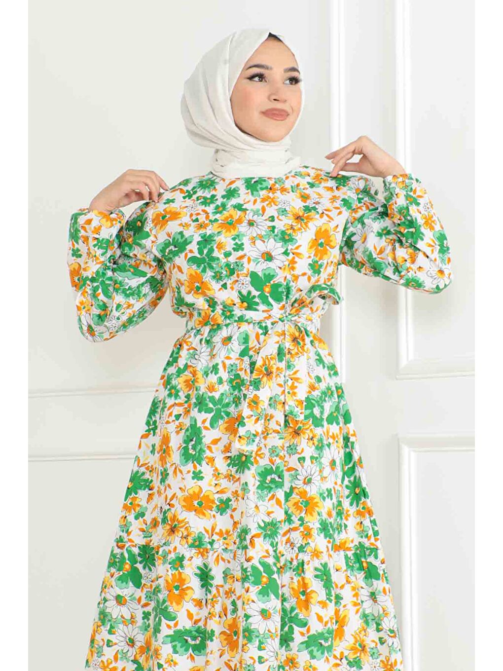 Yeşil Desenli Kolu Büzgülü Elbise Yesil - 26619-2