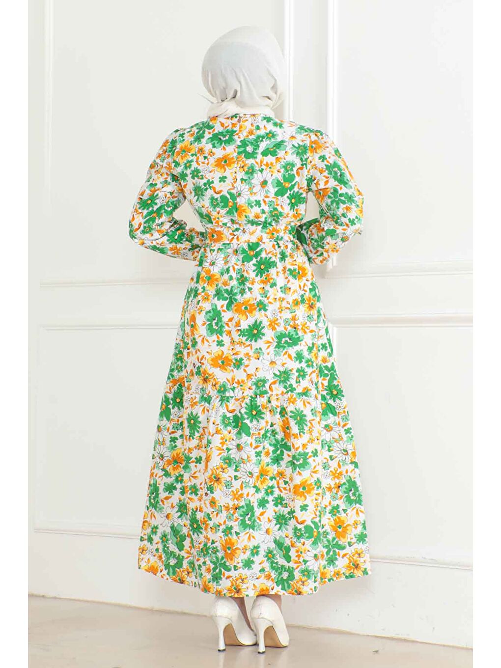 Yeşil Desenli Kolu Büzgülü Elbise Yesil - 26619-3