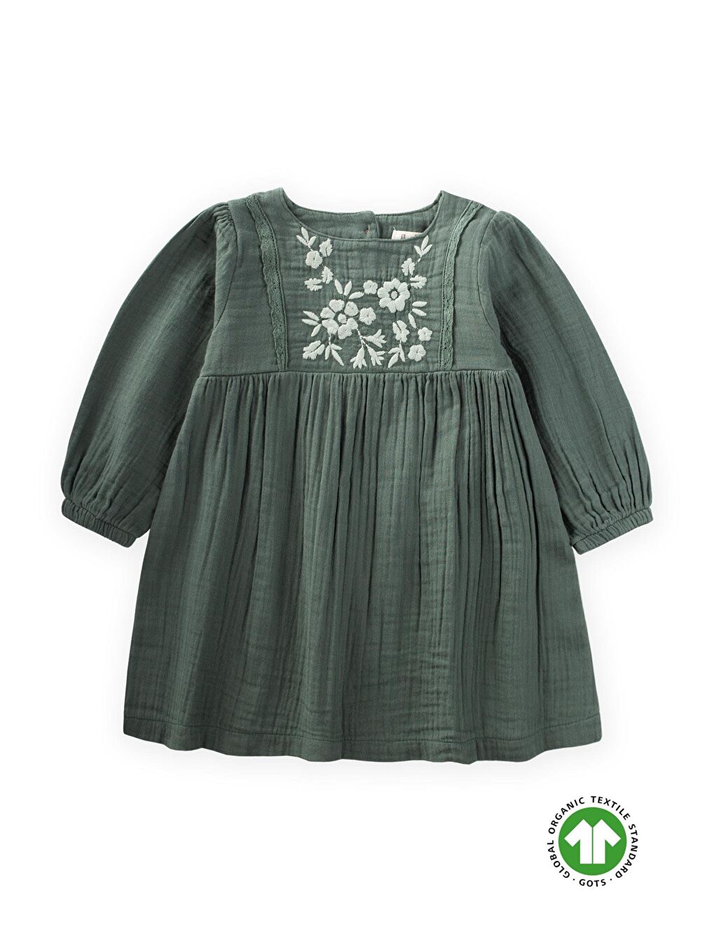 Organik Nakışlı Dantel Detaylı Müslin Elbise 1-8 Yaş Haki Yeşil