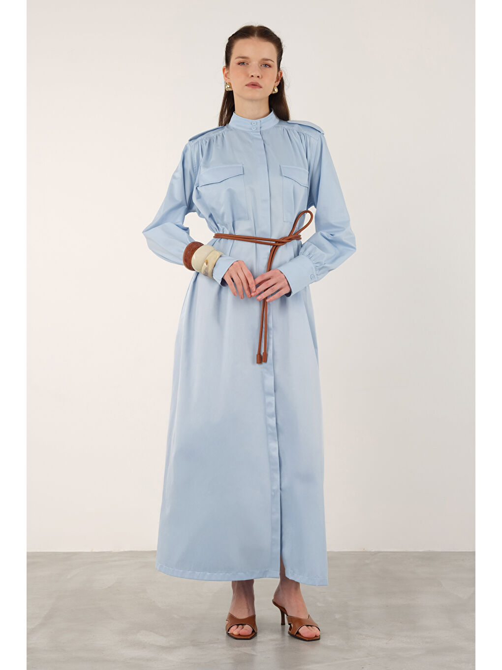 Apoletli Elbise Açık Mavi-4