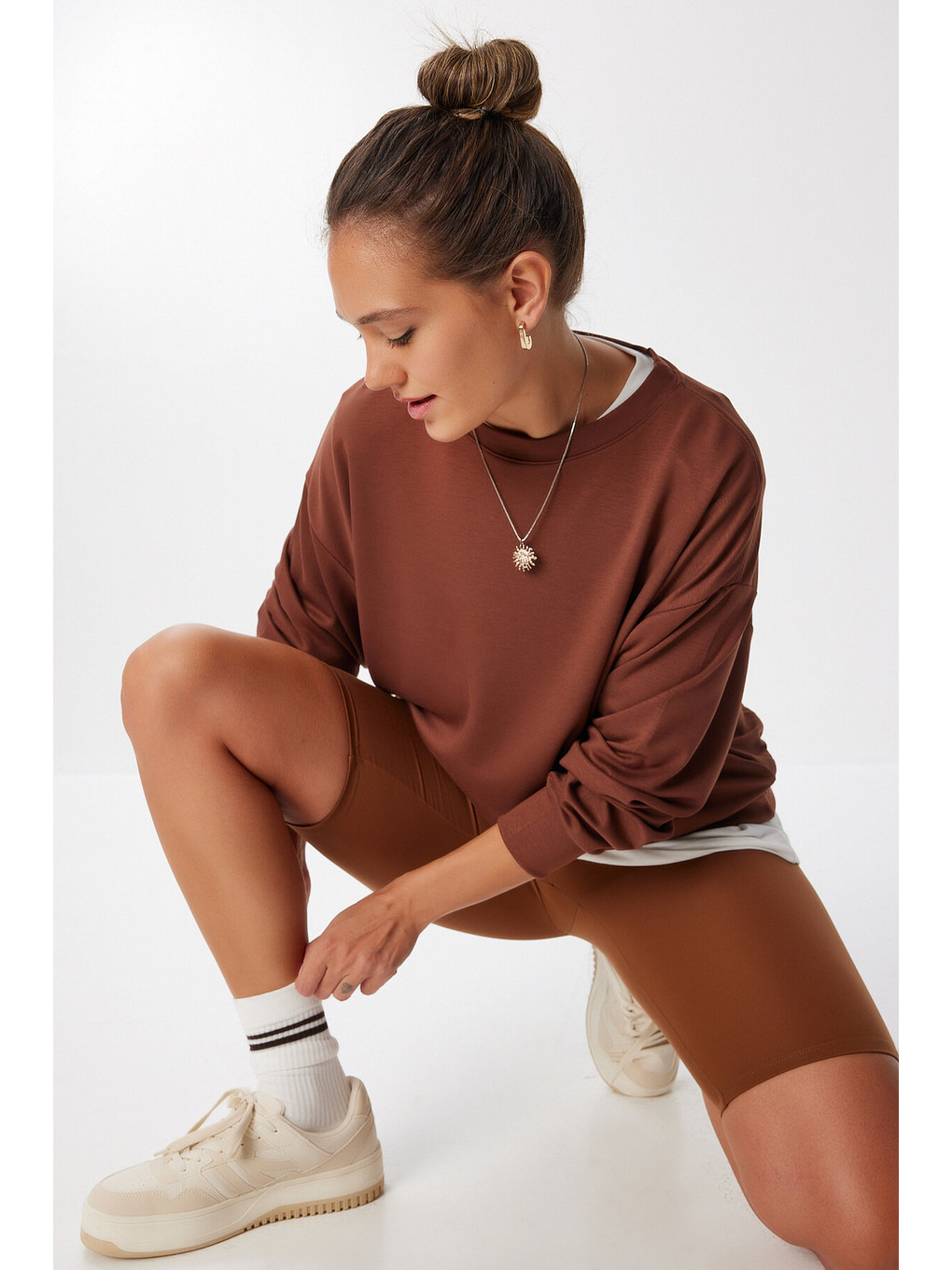 Basic Mevsimlik Modal Sweatshirt Kahverengi Len0026-1