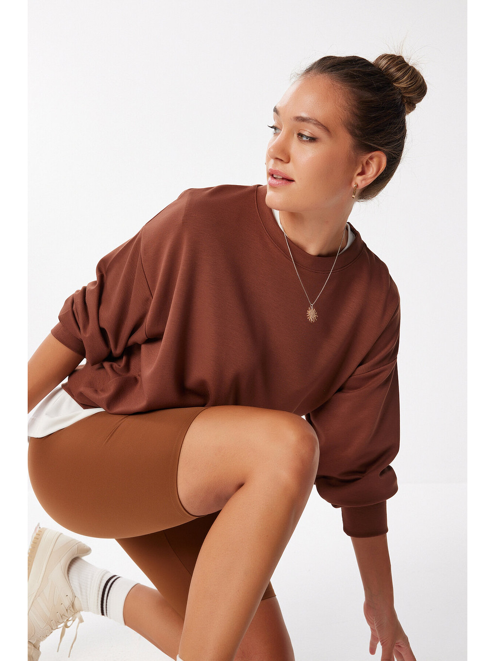 Basic Mevsimlik Modal Sweatshirt Kahverengi Len0026-2