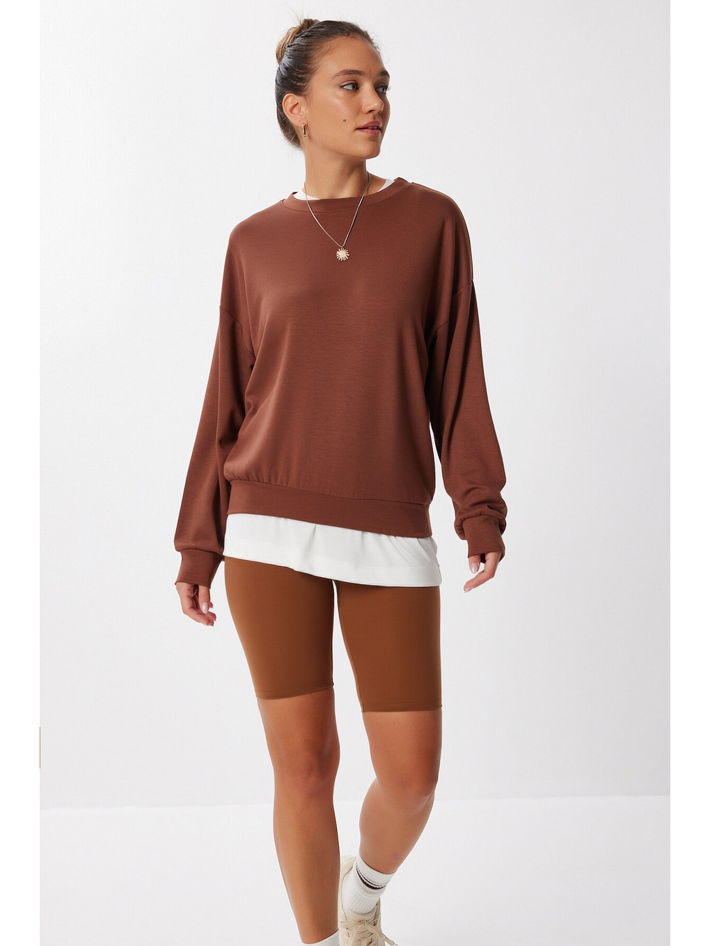 Basic Mevsimlik Modal Sweatshirt Kahverengi Len0026-3