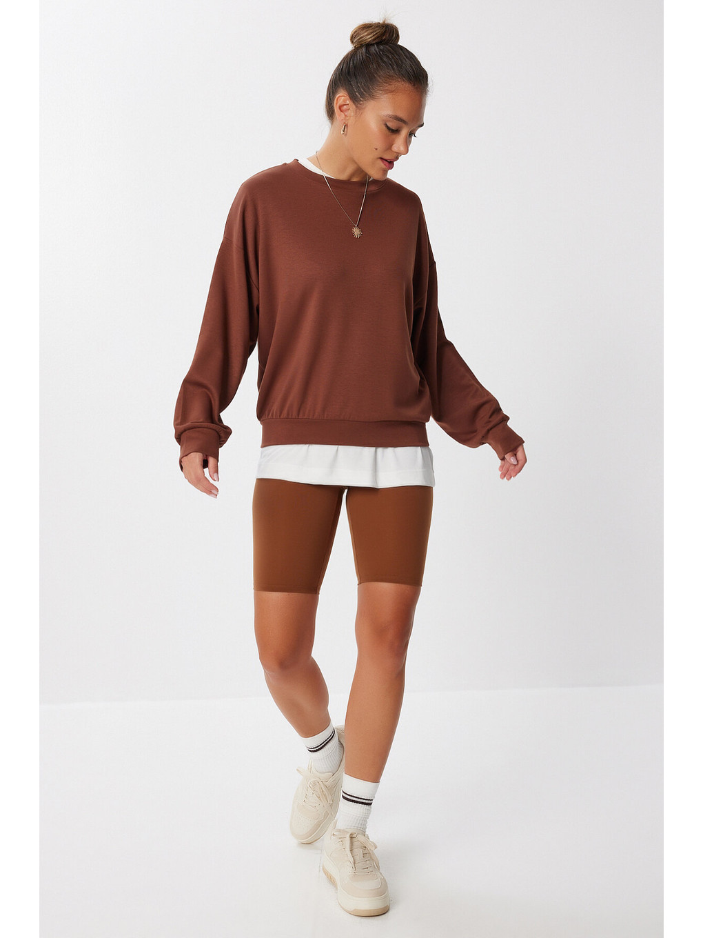 Basic Mevsimlik Modal Sweatshirt Kahverengi Len0026-4