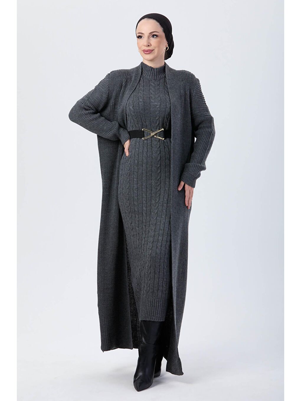 Yarım Balıkçı Yaka Kadın Antrasit Triko İkili Takım - 24007