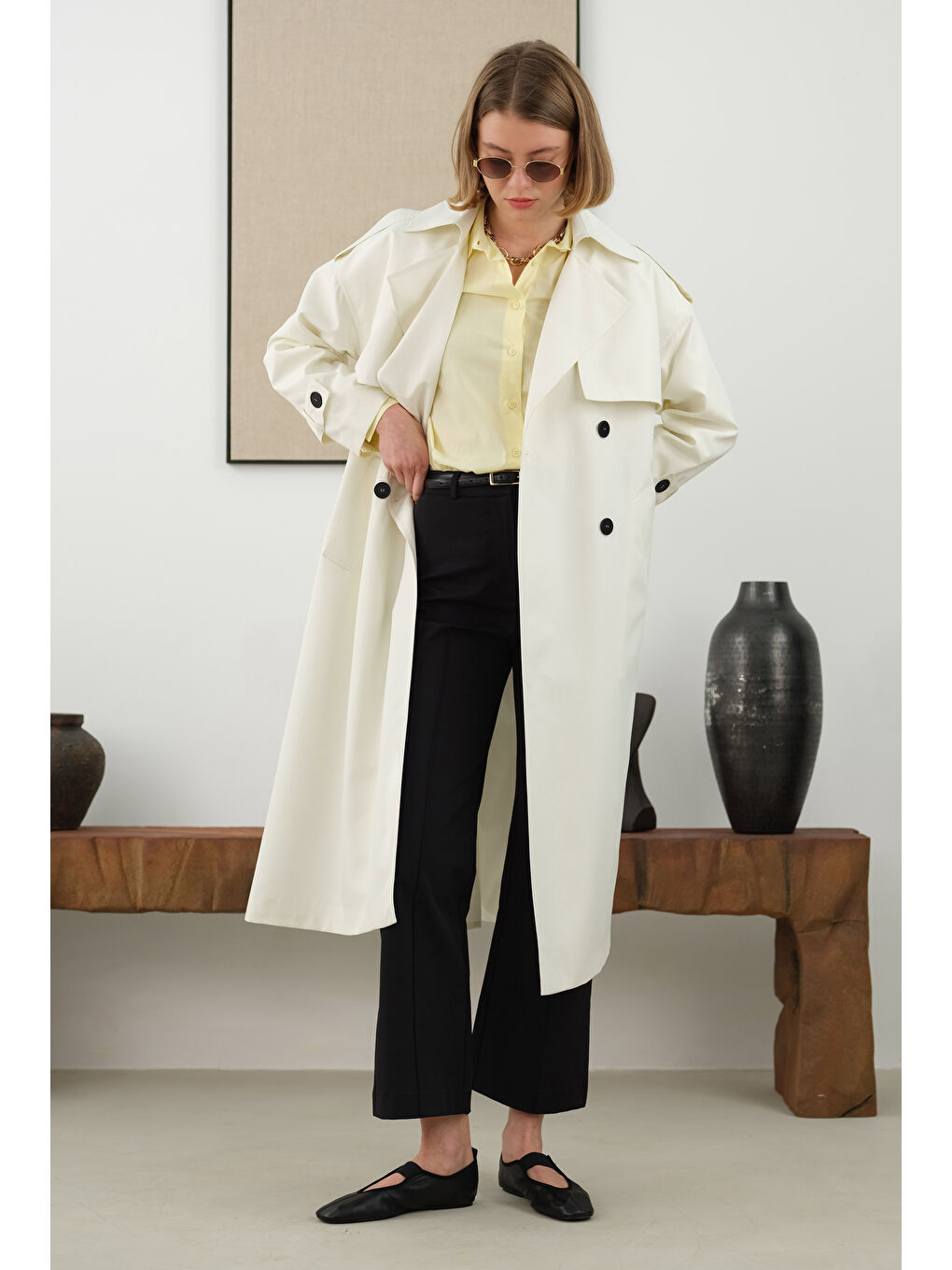 Uzun Klasik Trençkot Ekru
