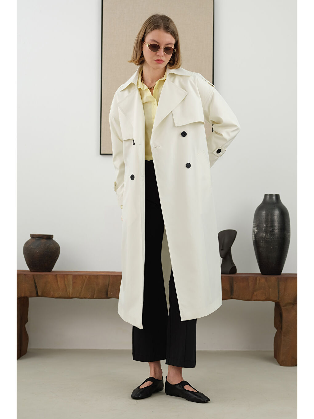 Uzun Klasik Trençkot Ekru-1