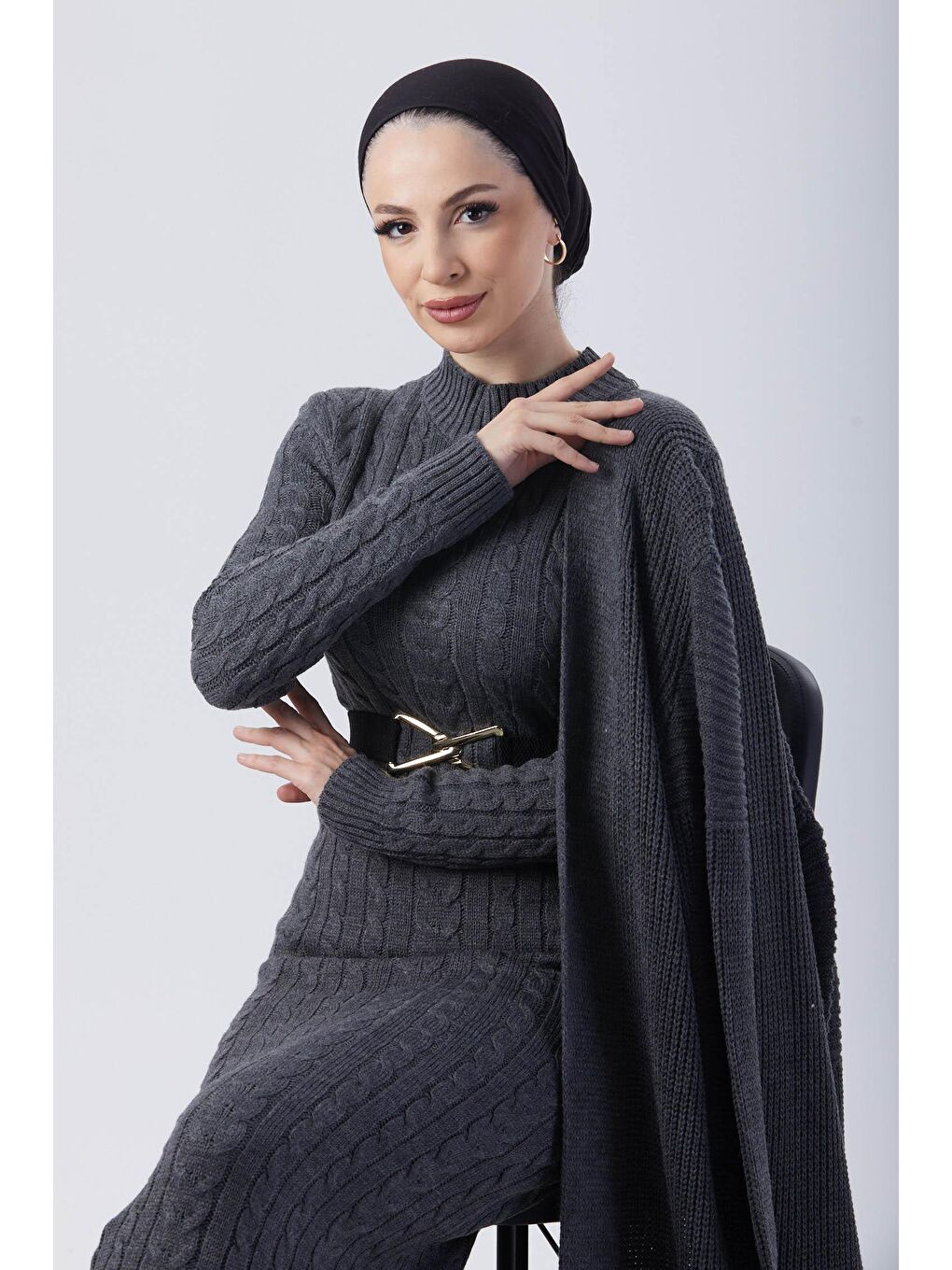 Yarım Balıkçı Yaka Kadın Antrasit Triko İkili Takım - 24007-1