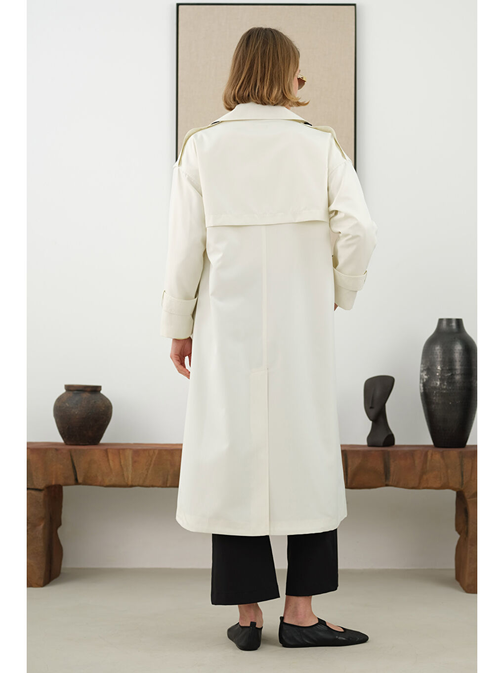 Uzun Klasik Trençkot Ekru-2