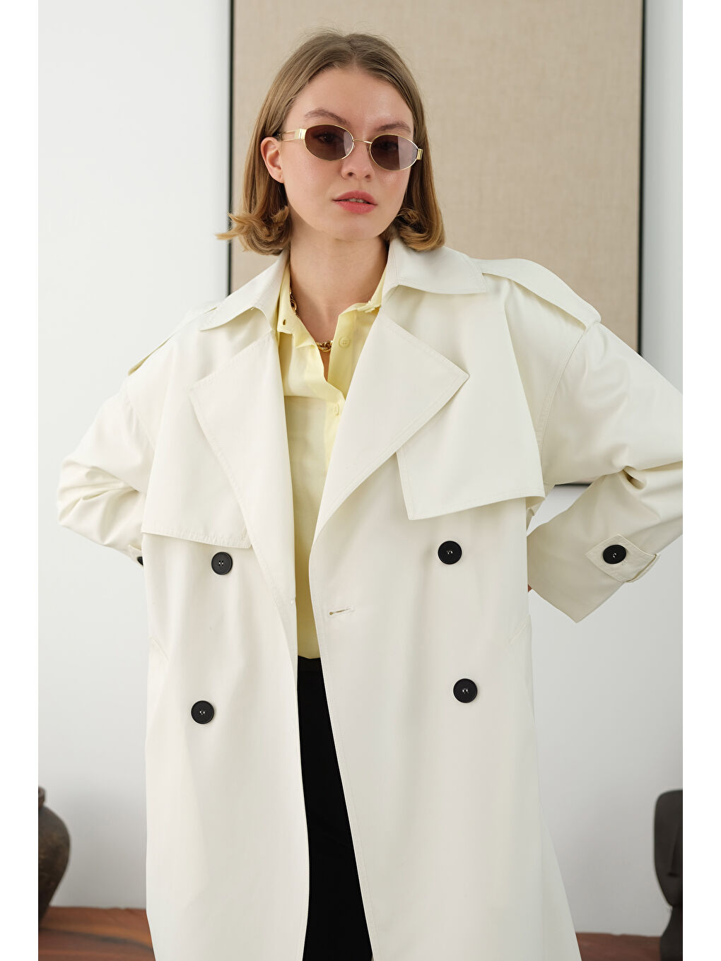 Uzun Klasik Trençkot Ekru-3