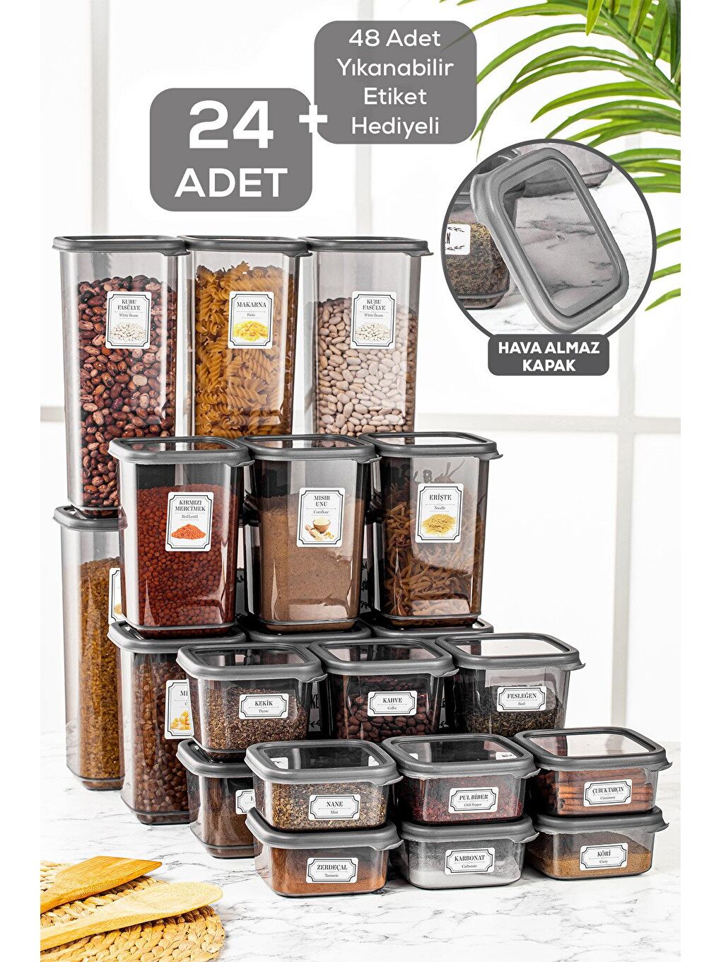 Antrasit 24 Parça Etiketli Kare Erzak Saklama Kabı-2