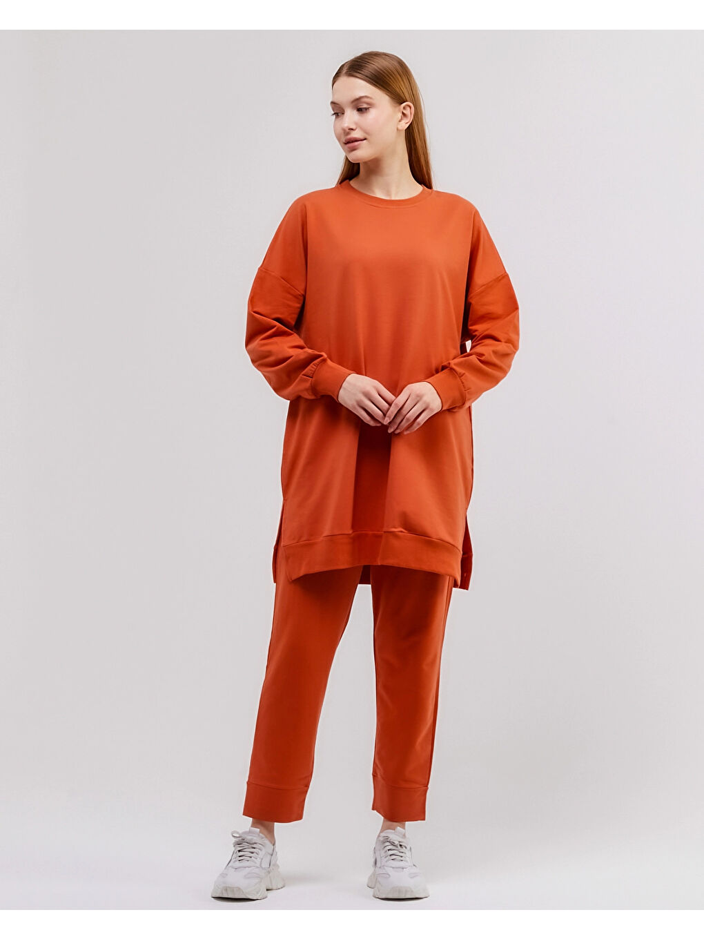 Kahverengi Bisiklet Yaka Düz Uzun Kollu Kadın Tunik N001-1