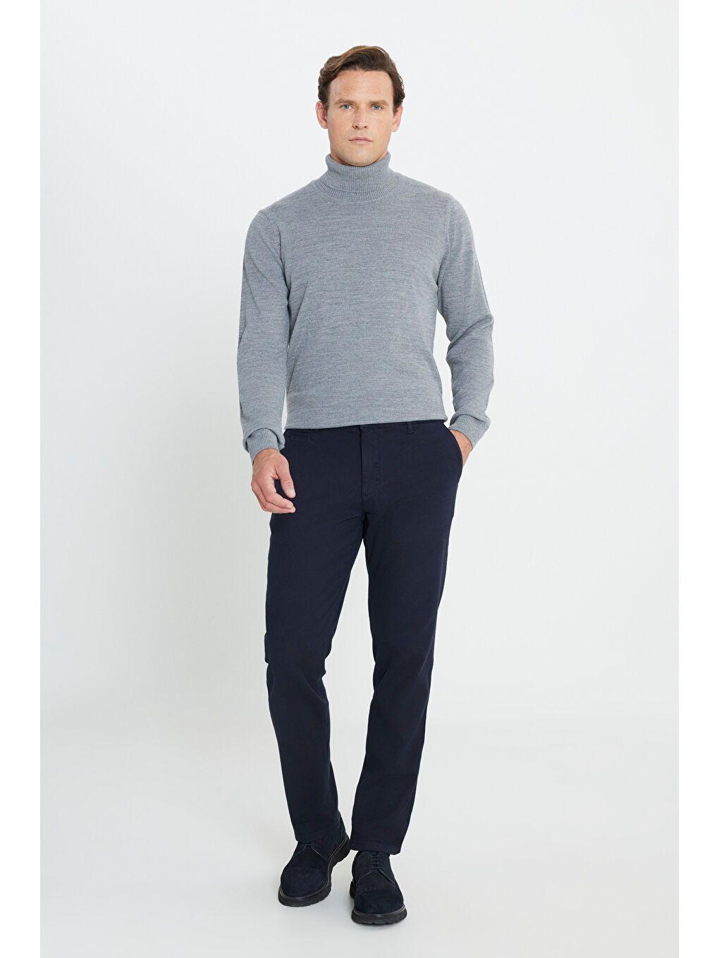 Erkek Lacivert Pamuklu Comfort Fit Rahat Kesim Armürlü Yan Cep Esnek Casual Pantolon-1