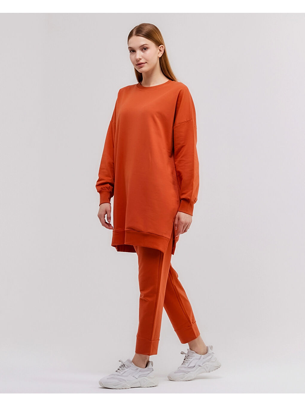 Kahverengi Bisiklet Yaka Düz Uzun Kollu Kadın Tunik N001-2