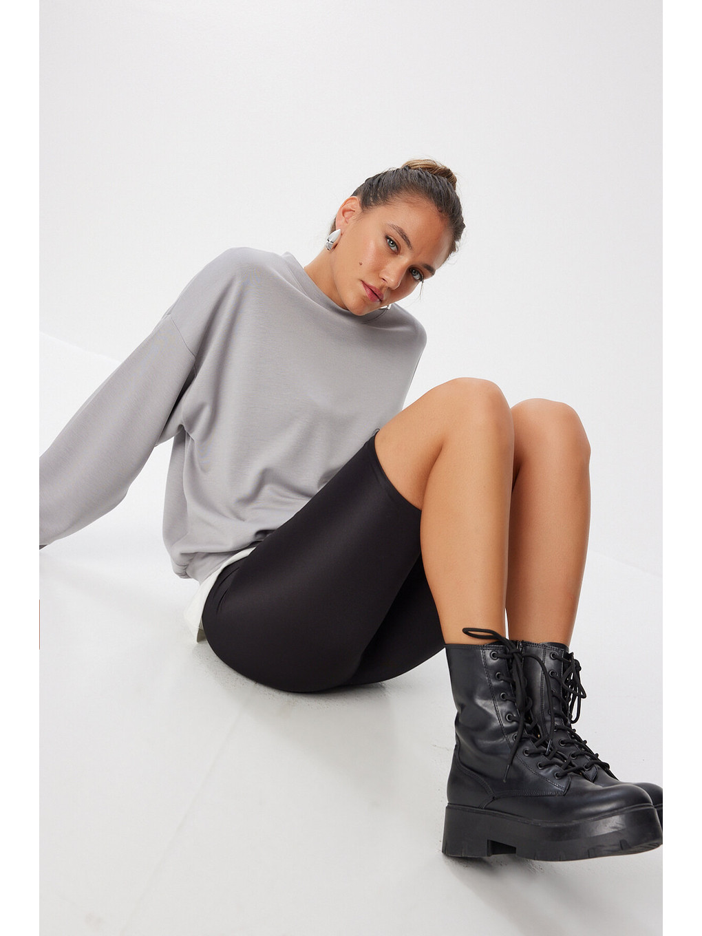 Bej Basic Mevsimlik Modal Sweatshirt Taş Grisi Len0026-1