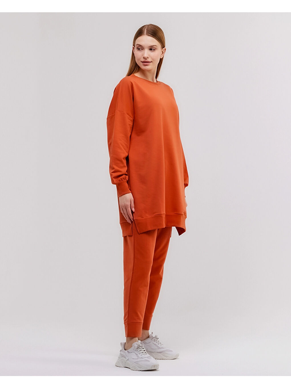 Kahverengi Bisiklet Yaka Düz Uzun Kollu Kadın Tunik N001-3