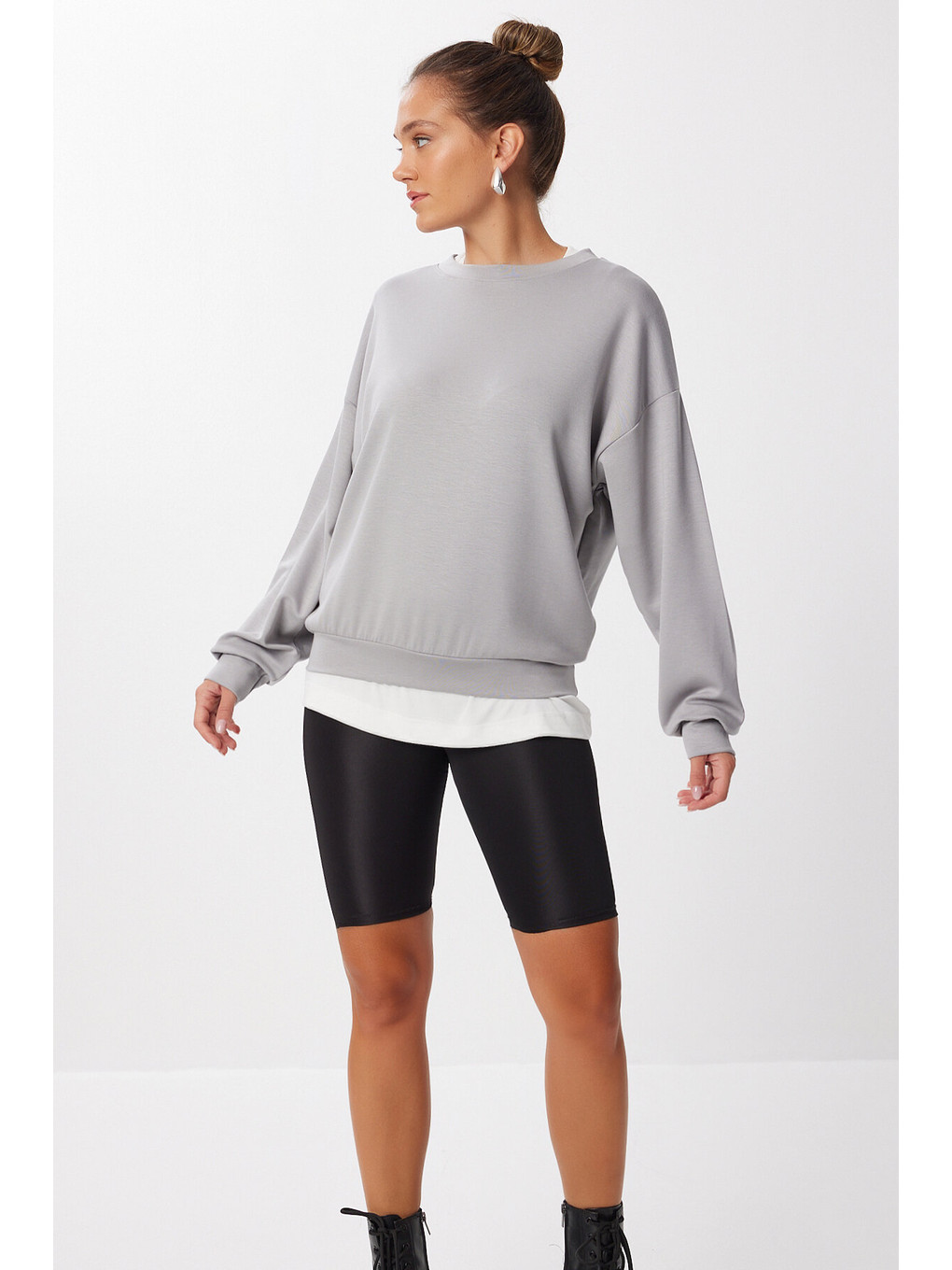 Bej Basic Mevsimlik Modal Sweatshirt Taş Grisi Len0026-2