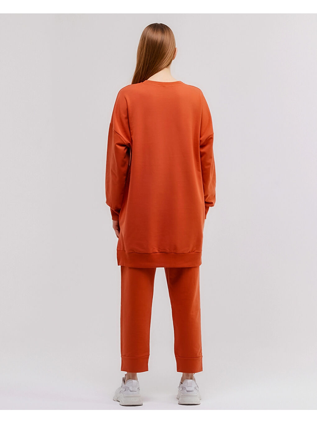 Kahverengi Bisiklet Yaka Düz Uzun Kollu Kadın Tunik N001-4