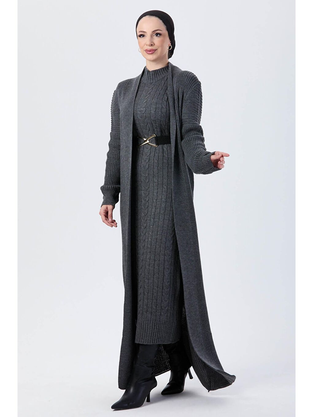 Yarım Balıkçı Yaka Kadın Antrasit Triko İkili Takım - 24007-3