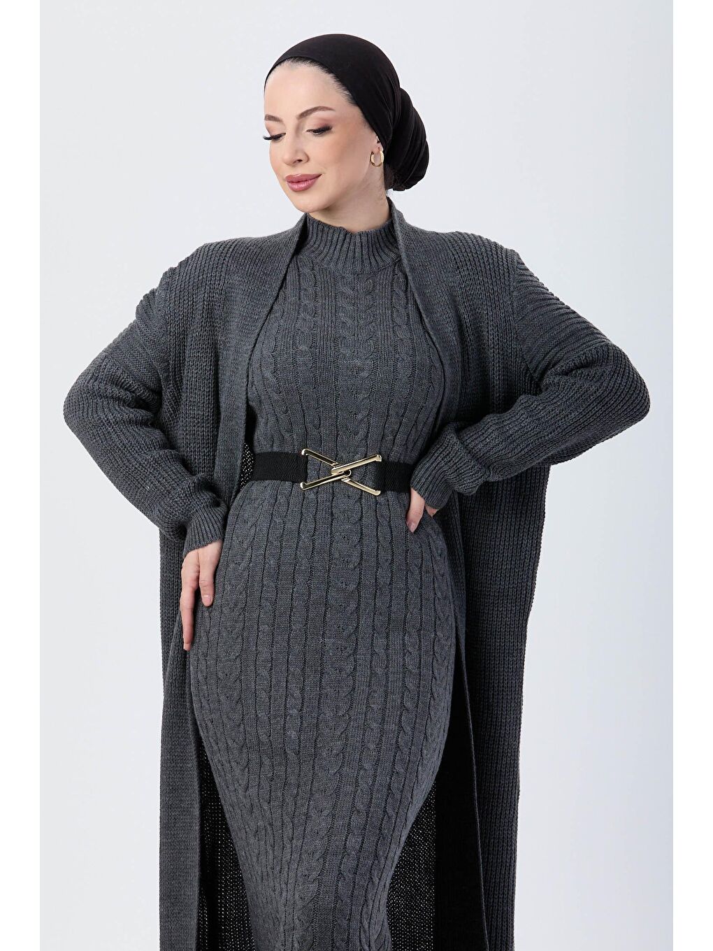 Yarım Balıkçı Yaka Kadın Antrasit Triko İkili Takım - 24007-4