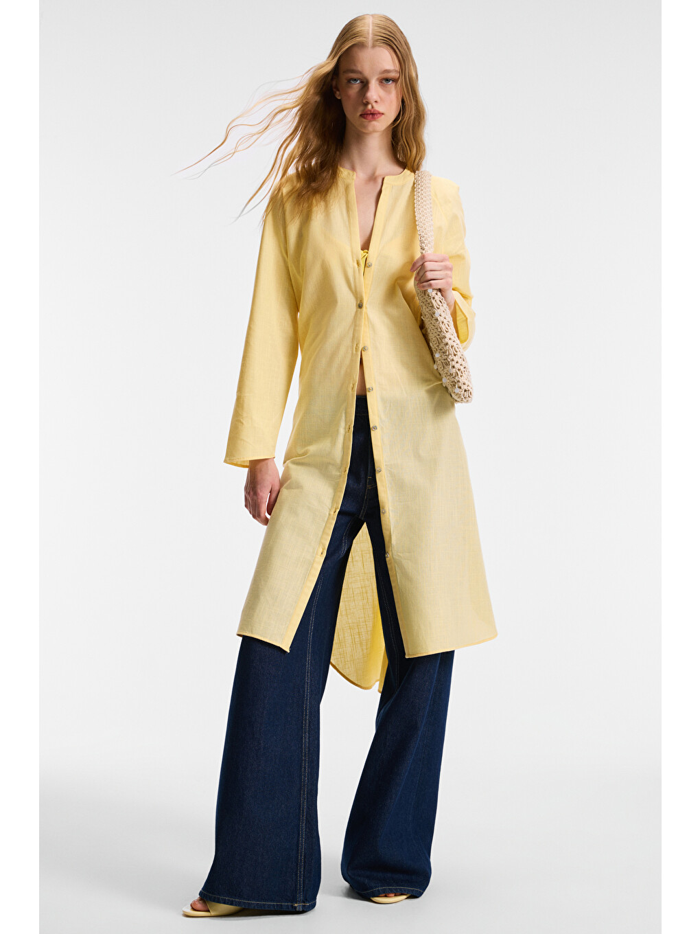 Acallar Kadın %100 Pamuk Keten Görünümlü Rahat Uzun Oversize Fit Sarı Elbise