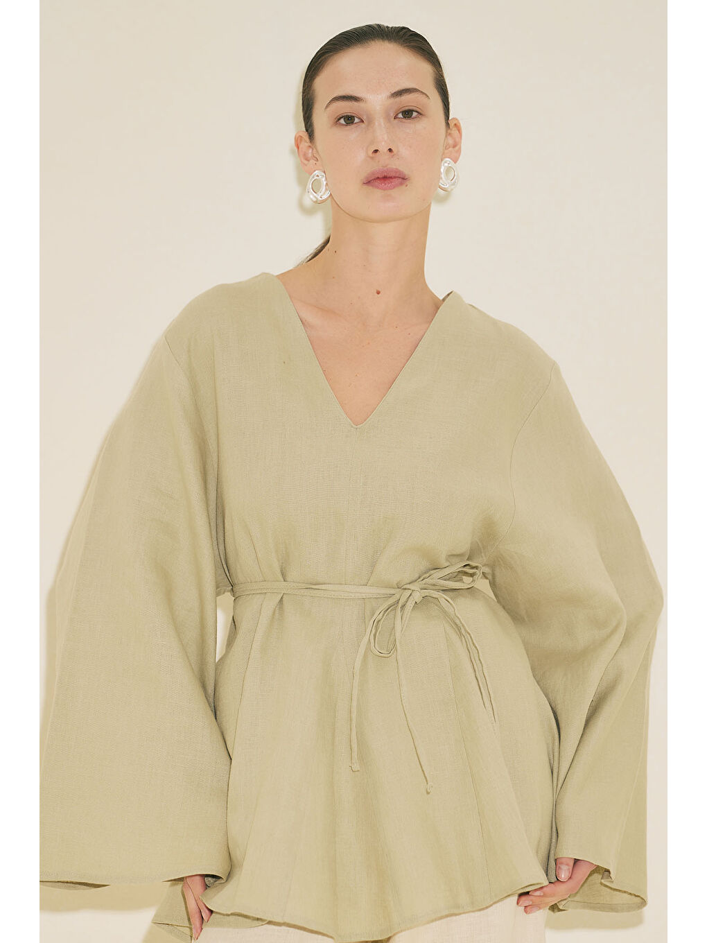 Yeşil %100 Keten Volümlü Tunik Adaçayı