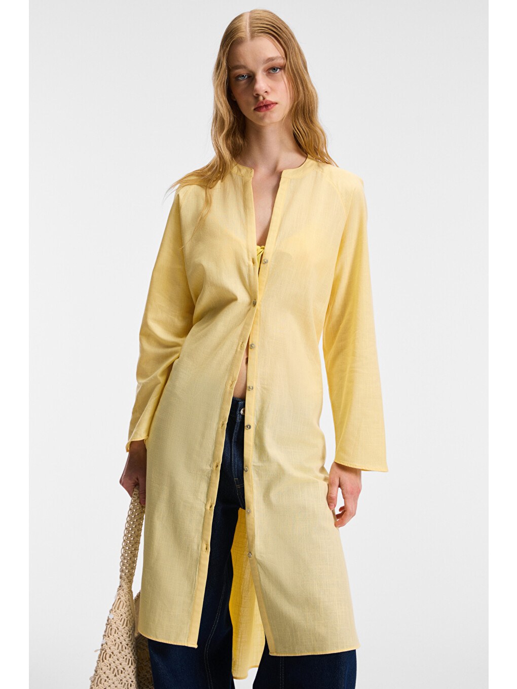 Acallar Kadın %100 Pamuk Keten Görünümlü Rahat Uzun Oversize Fit Sarı Elbise-1