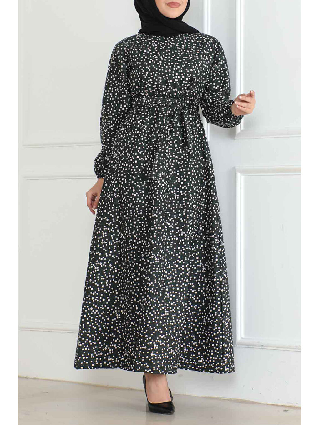 Desenli Kolu Büzgülü Elbise Siyah - 26622
