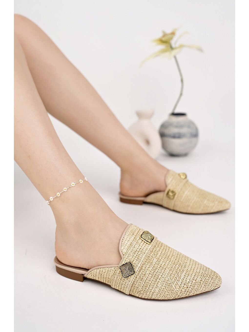 Bej KENDAL Önü Kapalı Kadın Günlük Hasır Terlik-5