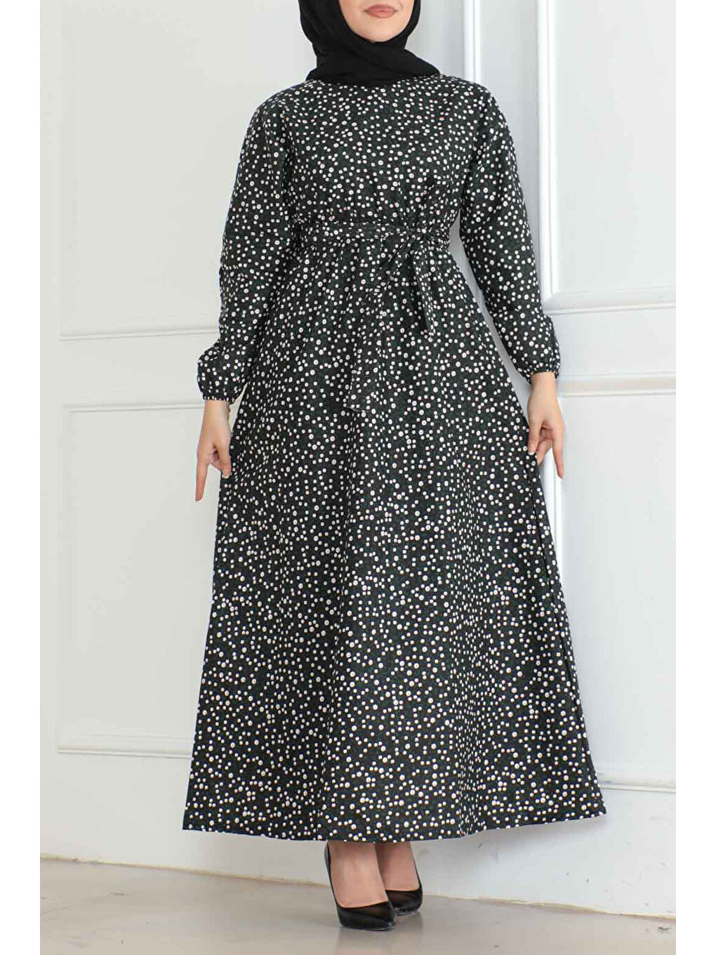 Desenli Kolu Büzgülü Elbise Siyah - 26622-1