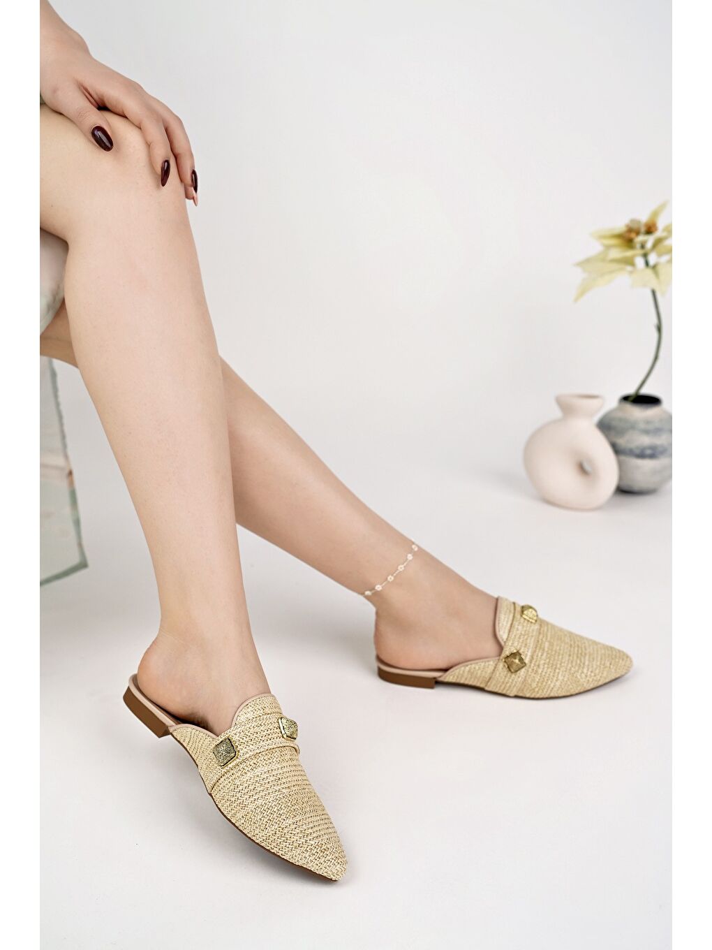 Bej KENDAL Önü Kapalı Kadın Günlük Hasır Terlik-6