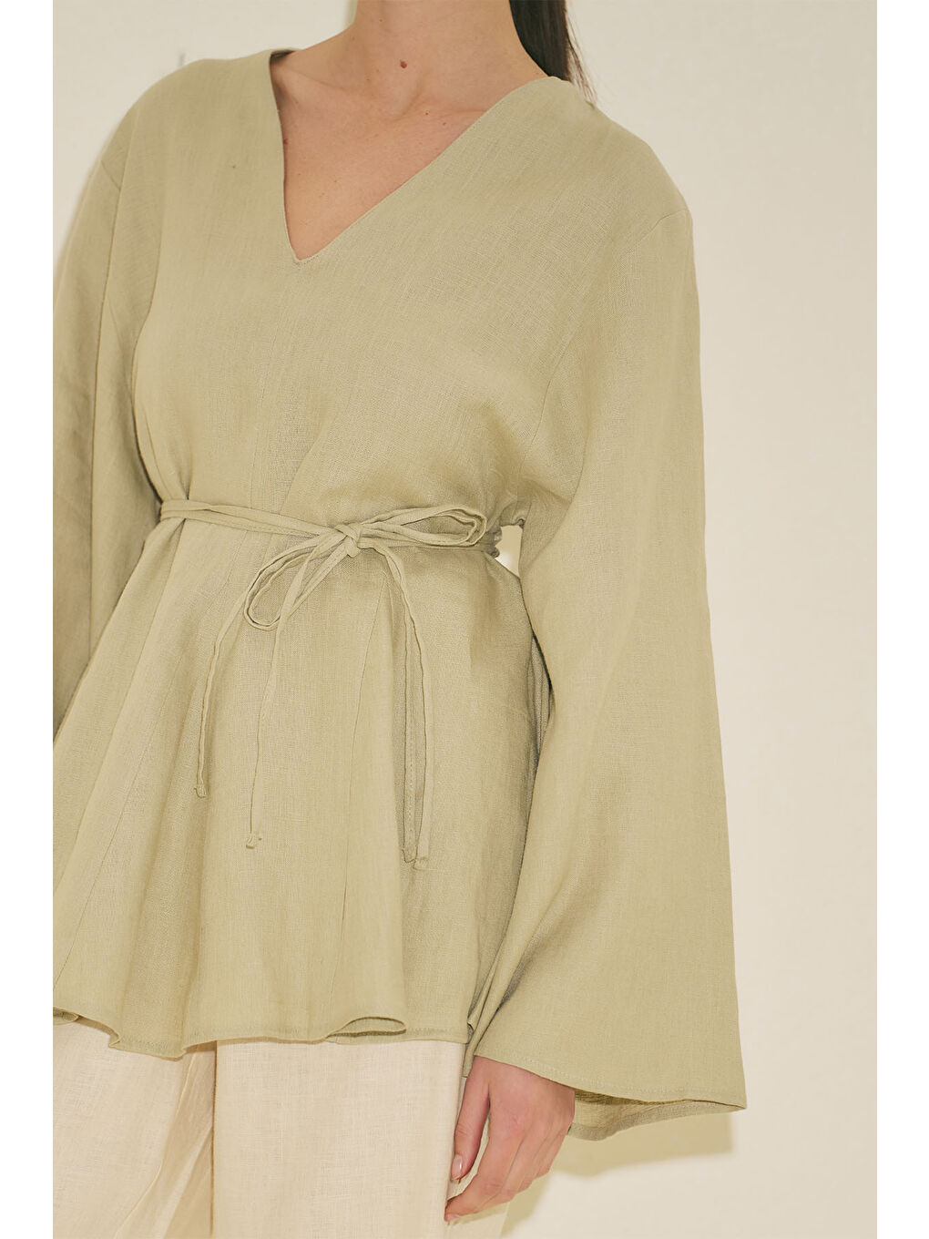 Yeşil %100 Keten Volümlü Tunik Adaçayı-2