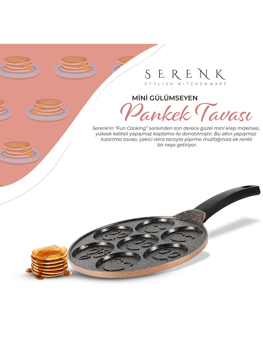 Serenk Siyah Fun Cooking Gülen Yüz Alüminyum Döküm Granit Kaplama Pankek Tava 26 cm - 1