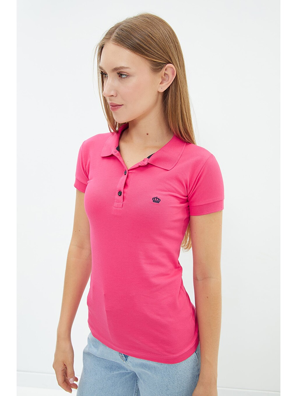 Fuşya Nakışlı Polo Yaka Slim Fit Tişört