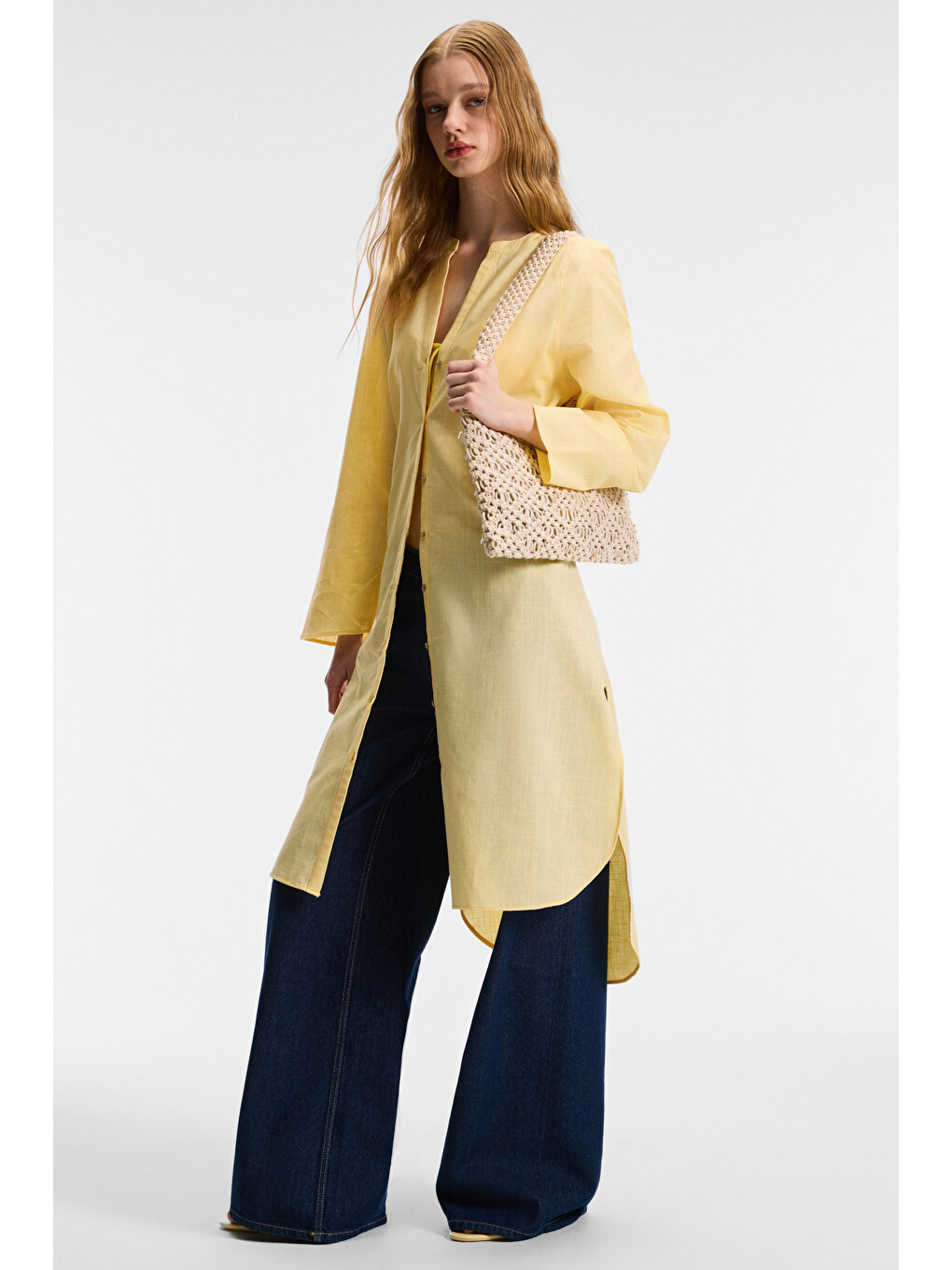 Acallar Kadın %100 Pamuk Keten Görünümlü Rahat Uzun Oversize Fit Sarı Elbise-2