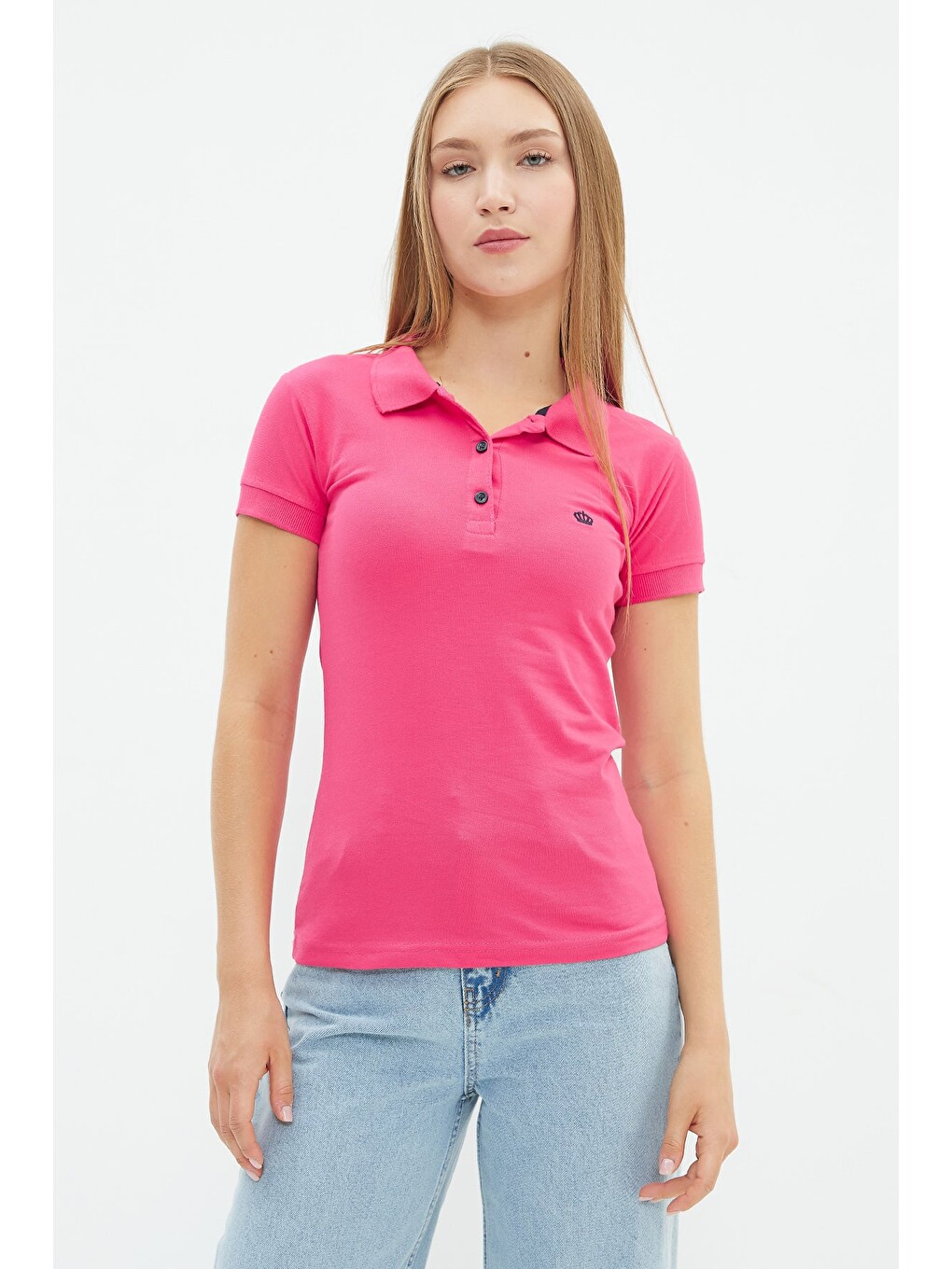 Fuşya Nakışlı Polo Yaka Slim Fit Tişört-1