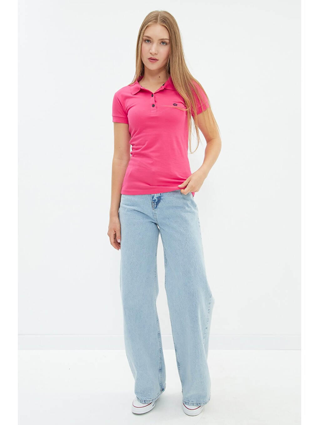Fuşya Nakışlı Polo Yaka Slim Fit Tişört-3