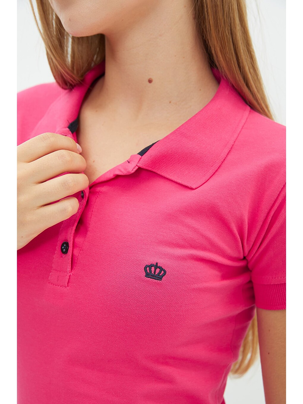 Fuşya Nakışlı Polo Yaka Slim Fit Tişört-4