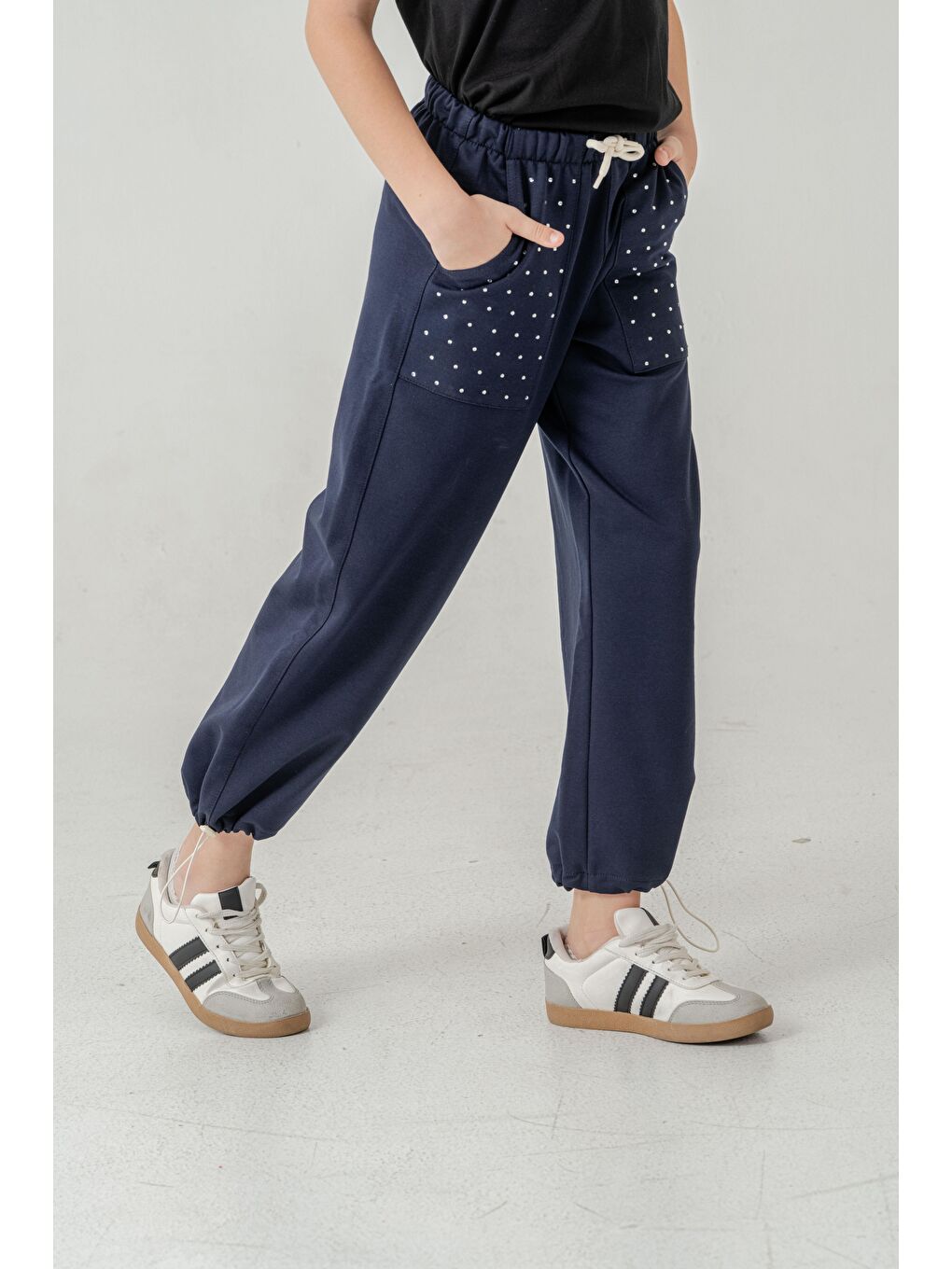 Lacivert Cebi Taşlı Paça Brit Lastikli Stoperli Kız Çocuk Eşofman Altı