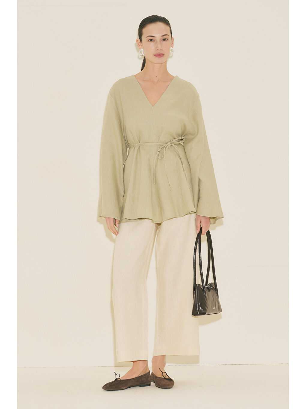 Yeşil %100 Keten Volümlü Tunik Adaçayı-5